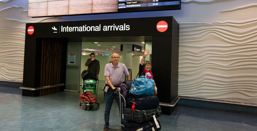 Couple arriving at Auckland airport