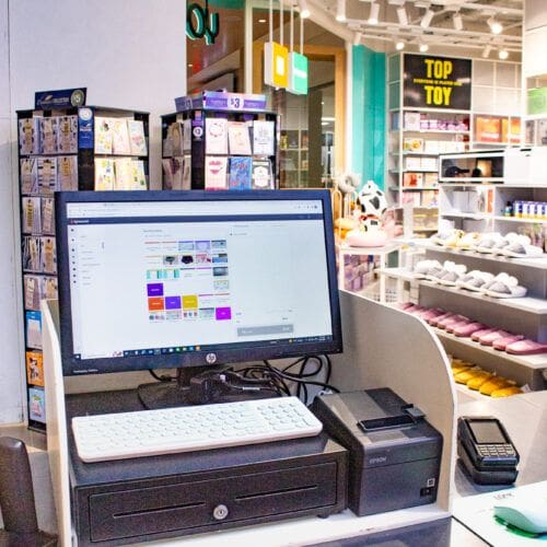 The checkout counter at YOYOSO Albany with POS and EFTPOS machine