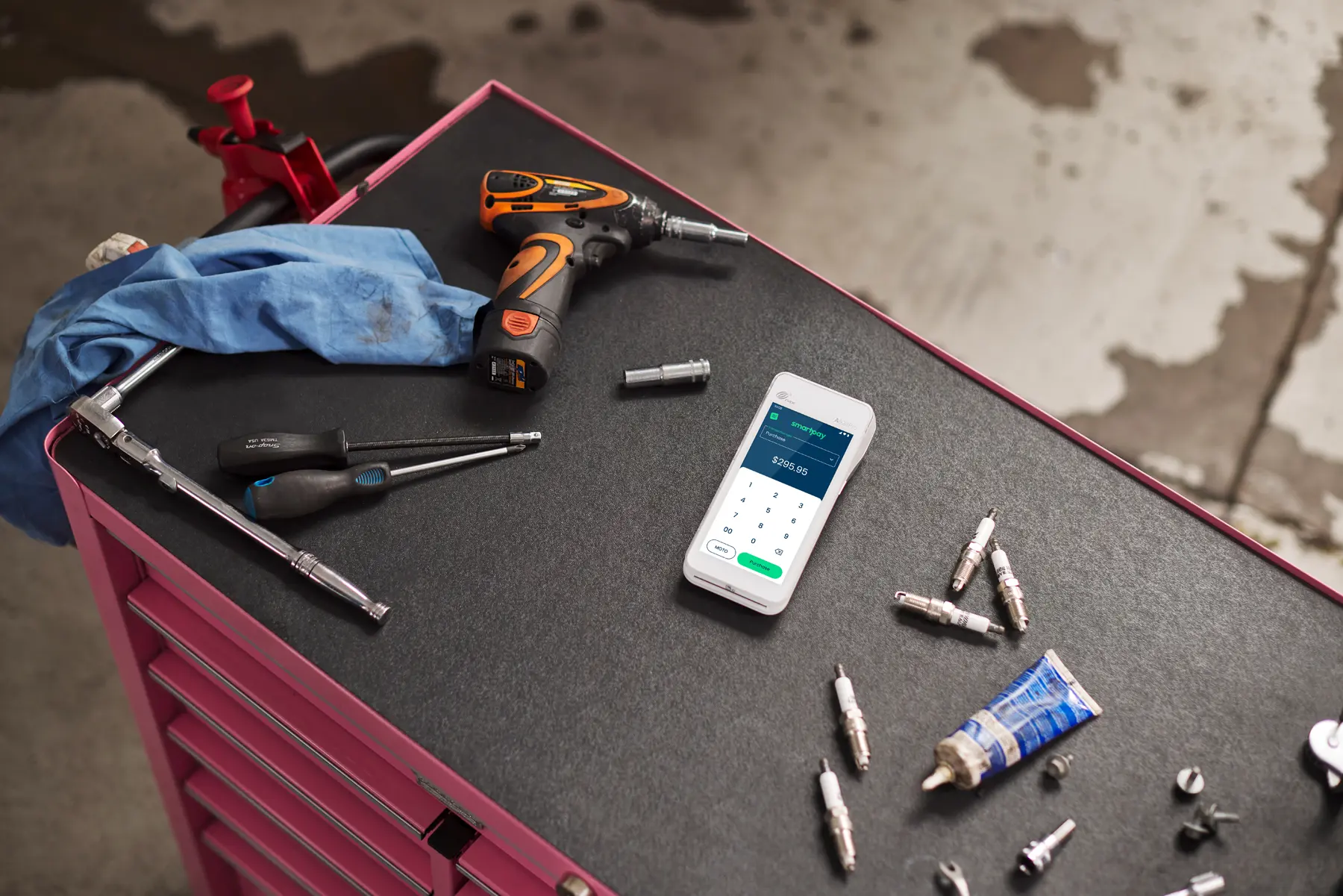 Smartpay A920Pro Terminal resting on drawers in trade shop